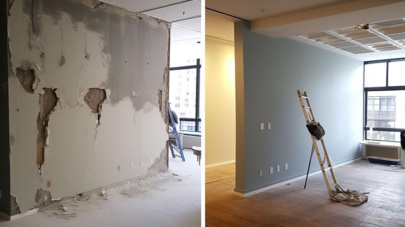 Before and after comparison of professional drywall repair