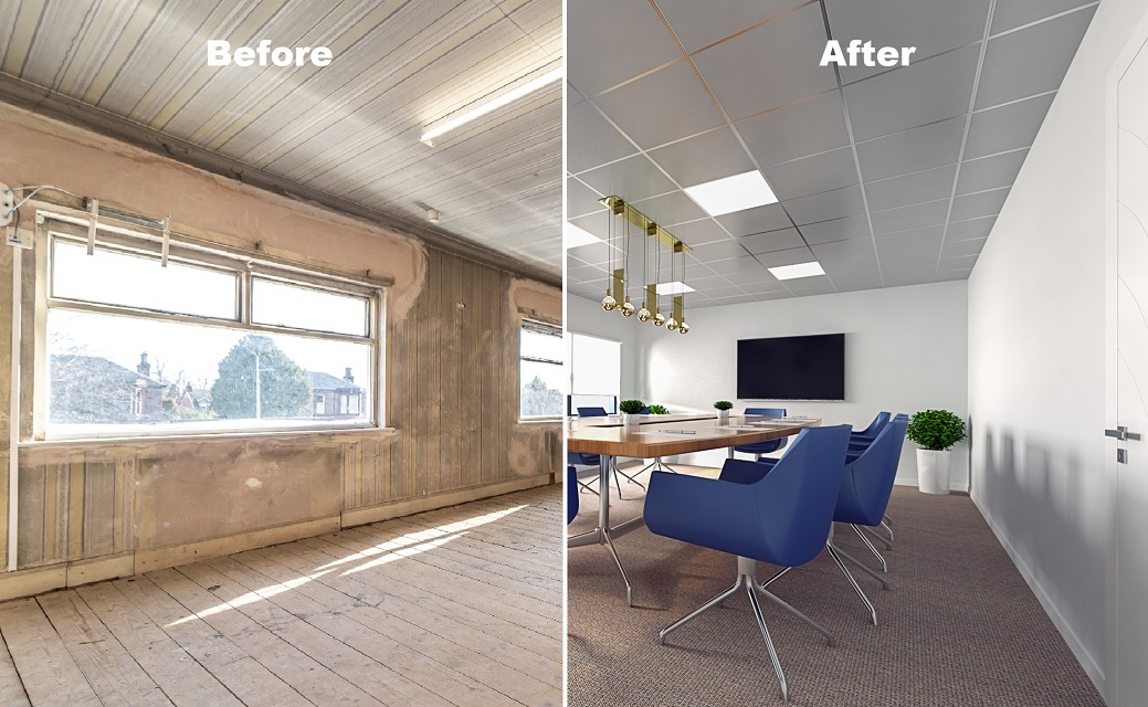 Before/after comparison of a completed home repair project